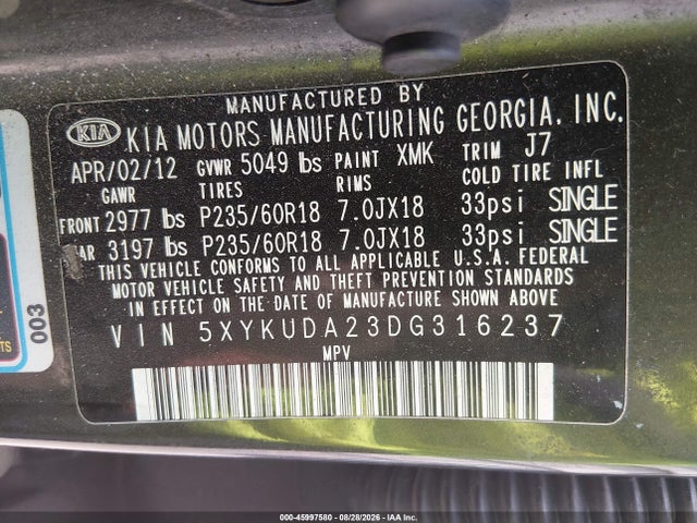 Aukcja sprzedaży 2013 Kia Sorento Ex V6, vin: 5XYKUDA23DG316237, numer aukcji: 45997580