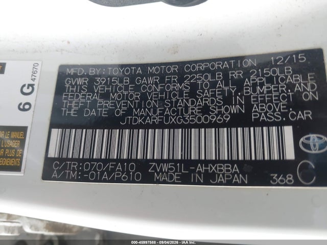 2016 Toyota Prius Two Eco მანქანა იყიდება აუქციონზე, vin: JTDKARFUXG3500969, აუქციონის ნომერი: 45997588