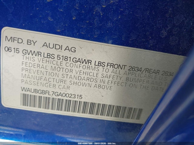2016 Audi S4 Premium Plus მანქანა იყიდება აუქციონზე, vin: WAUBGBFL7GA002315, აუქციონის ნომერი: 45997595