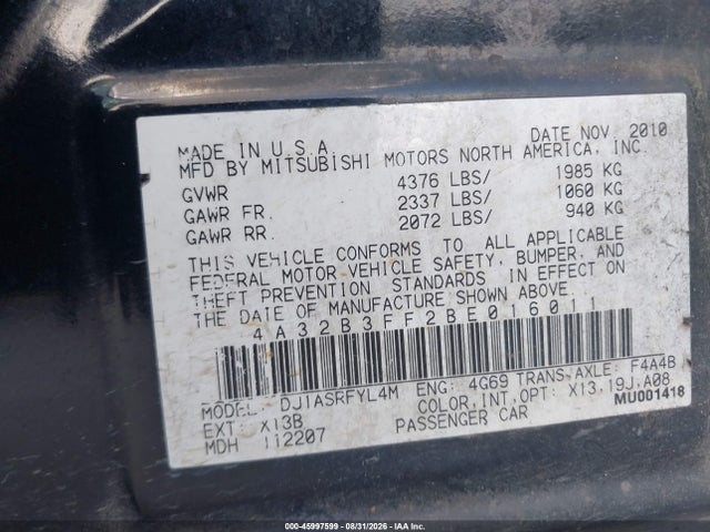 Aukcja sprzedaży 2011 Mitsubishi Galant Es/se, vin: 4A32B3FF2BE016011, numer aukcji: 45997599