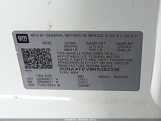 45997610 :رقم المزاد ، 3GNAXFEV8NS183338 vin ، 2022 Chevrolet Equinox Fwd 1fl مزاد بيع