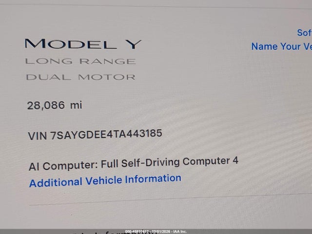 2026 Tesla Model Y All-wheel Drive/long Range Launch Series/premium All-wheel Drive მანქანა იყიდება აუქციონზე, vin: 7SAYGDEE4TA443185, აუქციონის ნომერი: 45997612