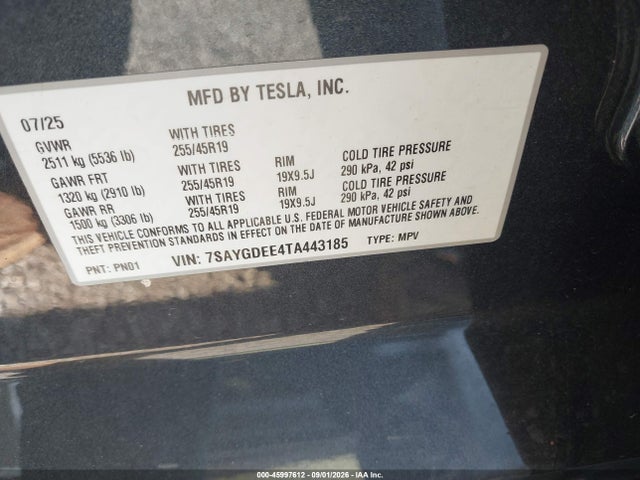 2026 Tesla Model Y All-wheel Drive/long Range Launch Series/premium All-wheel Drive მანქანა იყიდება აუქციონზე, vin: 7SAYGDEE4TA443185, აუქციონის ნომერი: 45997612
