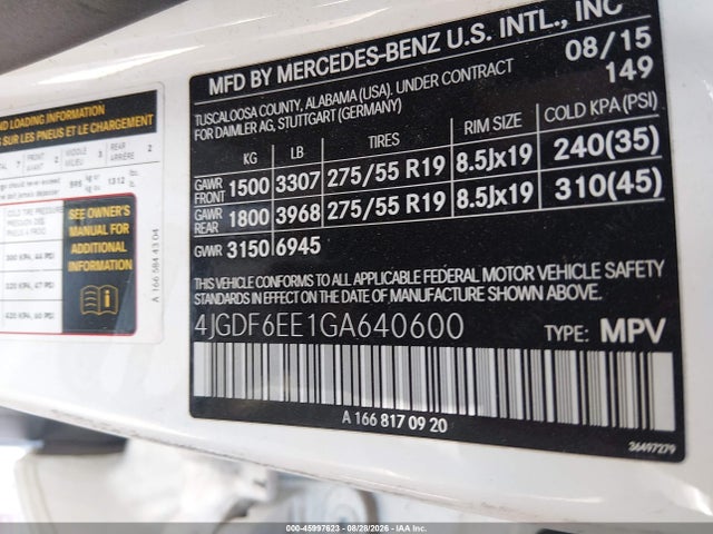 Продаж на аукціоні авто 2016 Mercedes-benz Gl 450 4matic, vin: 4JGDF6EE1GA640600, номер лоту: 45997623