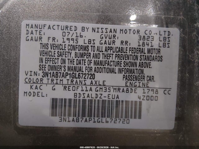 45997625 :رقم المزاد ، 3N1AB7AP1GL672720 vin ، 2016 Nissan Sentra Sv مزاد بيع
