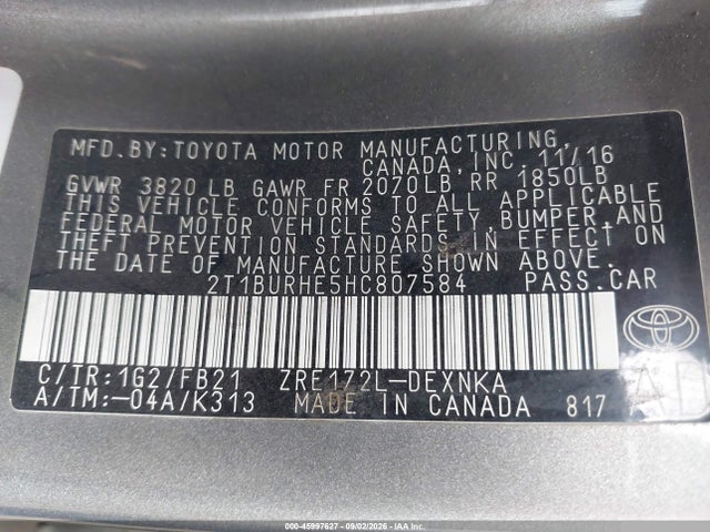 2T1BURHE5HC807584 Toyota COROLLA LE
