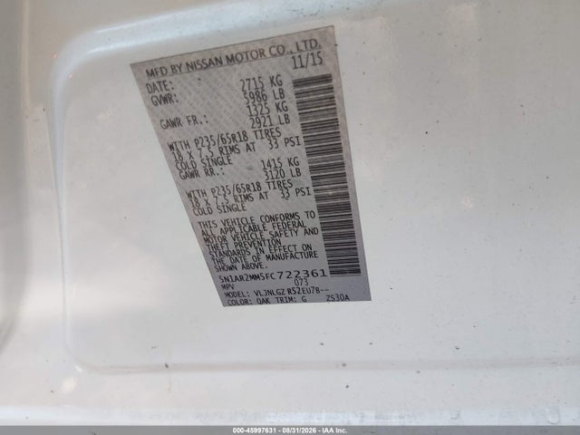 2015 Nissan Pathfinder Sl მანქანა იყიდება აუქციონზე, vin: 5N1AR2MM5FC722361, აუქციონის ნომერი: 45997631