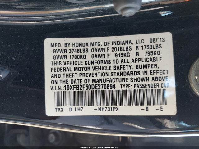 45997635 :رقم المزاد ، 19XFB2F50DE270894 vin ، 2013 Honda Civic Lx مزاد بيع