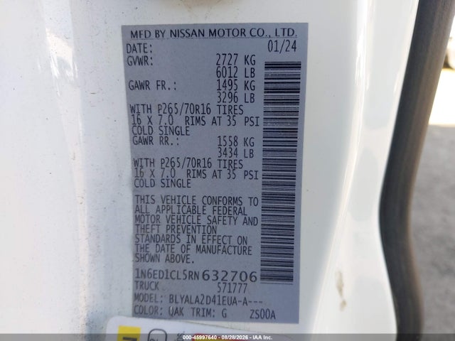 2024 Nissan Frontier King Cab S 4x2 მანქანა იყიდება აუქციონზე, vin: 1N6ED1CL5RN632706, აუქციონის ნომერი: 45997640