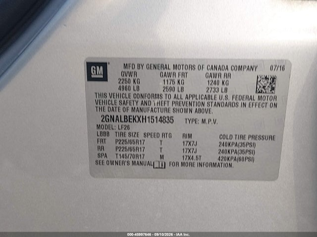 Продажа на аукционе авто 2017 Chevrolet Equinox Ls, vin: 2GNALBEKXH1514835, номер лота: 45997646