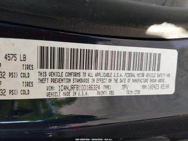45997659 :رقم المزاد ، 1C4NJRFB1DD186324 vin ، 2013 Jeep Patriot Latitude مزاد بيع