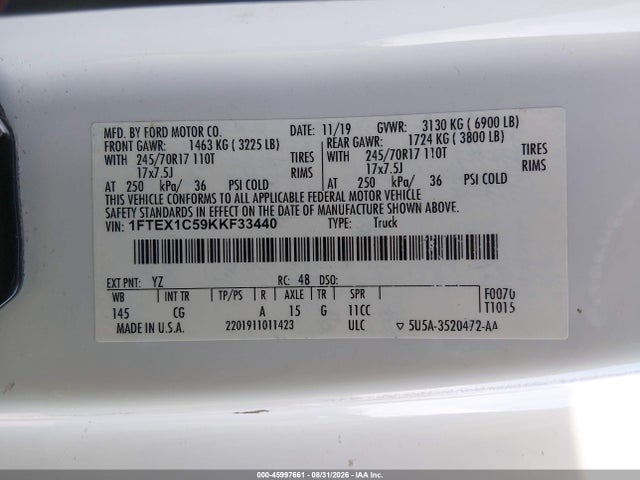 45997661 :رقم المزاد ، 1FTEX1C59KKF33440 vin ، 2019 Ford F-150 Xl مزاد بيع
