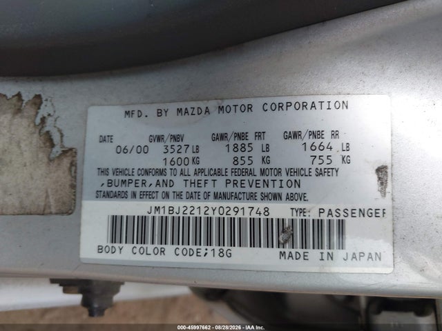 Aukcja sprzedaży 2000 Mazda Protege Es, vin: JM1BJ2212Y0291748, numer aukcji: 45997662