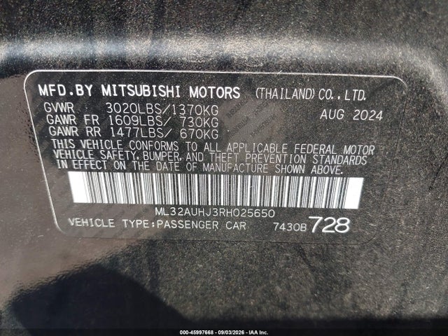 45997668 :رقم المزاد ، ML32AUHJ3RH025650 vin ، 2024 Mitsubishi Mirage Es/le مزاد بيع