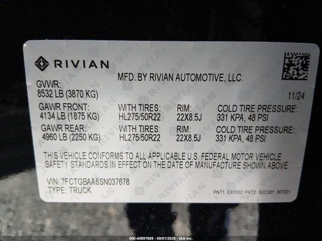 45997669 :رقم المزاد ، 7FCTGBAA8SN037678 vin ، 2025 Rivian R1t Adventure Dual Motor Large Pack/adventure Dual Motor Max Pack مزاد بيع
