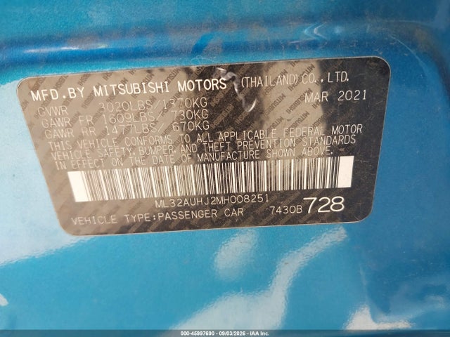 Aukcja sprzedaży 2021 Mitsubishi Mirage Carbonite Edition/es/le, vin: ML32AUHJ2MH008251, numer aukcji: 45997690