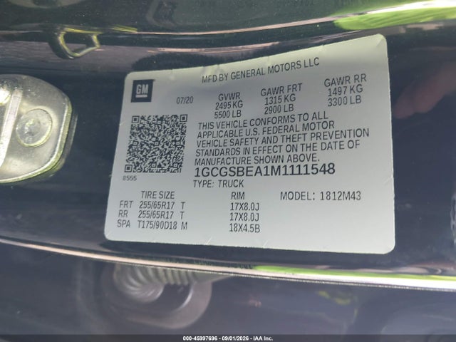 Auction sale of the 2021 Chevrolet Colorado 2wd  Short Box Wt, vin: 1GCGSBEA1M1111548, lot number: 45997696