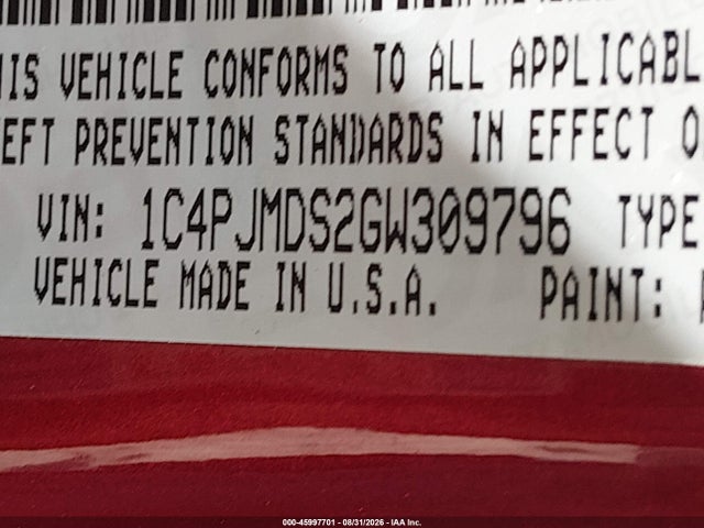 45997701 :رقم المزاد ، 1C4PJMDS2GW309796 vin ، 2016 Jeep Cherokee High Altitude مزاد بيع