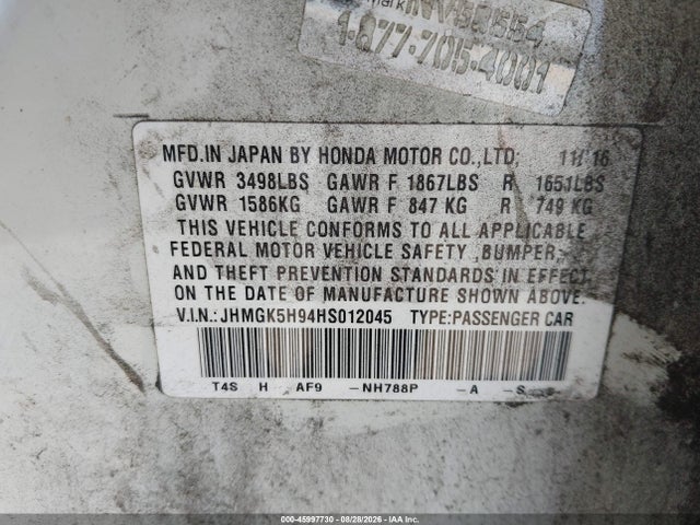 JHMGK5H94HS012045 Honda Fit Ex-l