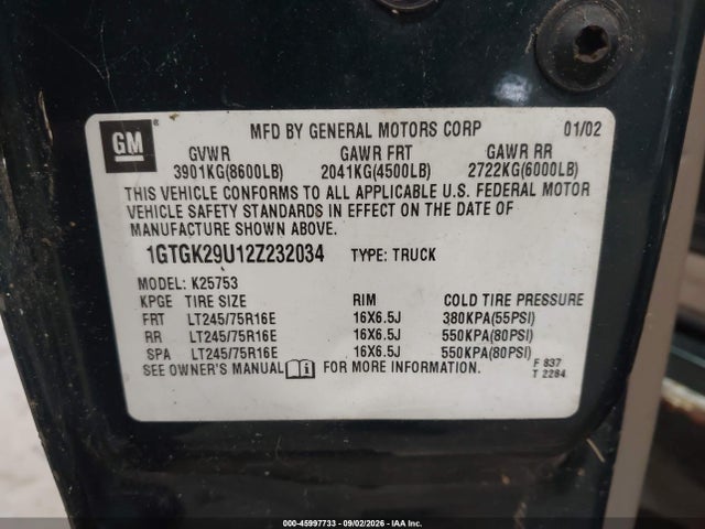Продаж на аукціоні авто 2002 Gmc Sierra 2500 Sle, vin: 1GTGK29U12Z232034, номер лоту: 45997733