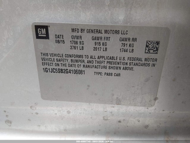 Aukcja sprzedaży 2016 Chevrolet Sonic Lt Auto, vin: 1G1JC5SB2G4106081, numer aukcji: 45997740