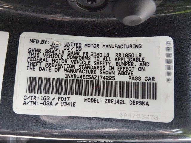 45997747 :رقم المزاد ، 1NXBU4EE5AZ174225 vin ، 2010 Toyota Corolla S مزاد بيع
