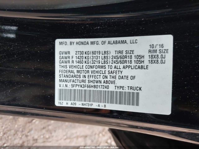 Продажа на аукционе авто 2017 Honda Ridgeline Rtl-t, vin: 5FPYK3F66HB017240, номер лота: 45997760