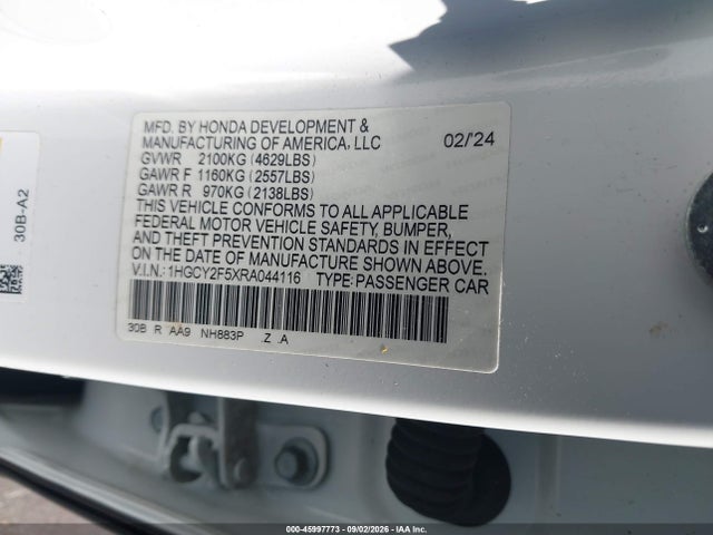 45997773 :رقم المزاد ، 1HGCY2F5XRA044116 vin ، 2024 Honda Accord Hybrid Sport مزاد بيع