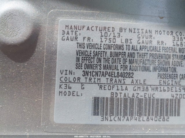 Nissan Versa 1.6 S+ 2014 3N1CN7AP4EL840282 Image 9