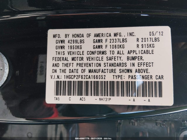 Продажа на аукционе авто 2012 Honda Accord 2.4 Se, vin: 1HGCP2F62CA166052, номер лота: 45997779
