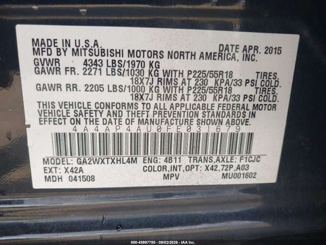 2015 Mitsubishi Outlander Sport Se მანქანა იყიდება აუქციონზე, vin: 4A4AP4AU0FE031679, აუქციონის ნომერი: 45997780