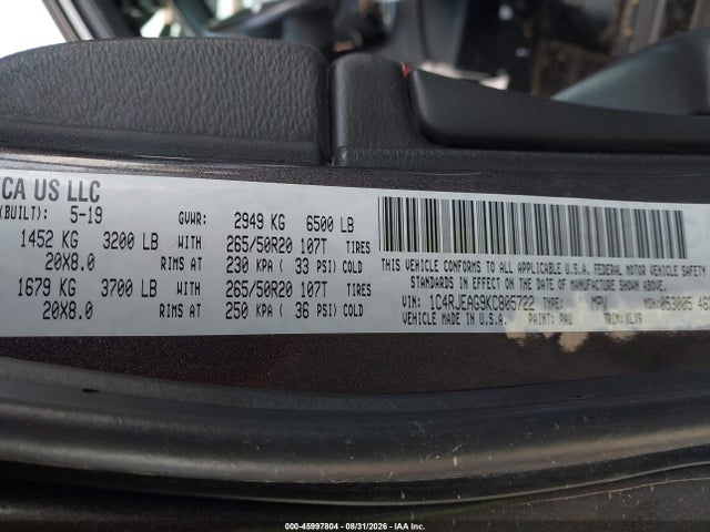 Aukcja sprzedaży 2019 Jeep Grand Cherokee Altitude 4x2, vin: 1C4RJEAG9KC805722, numer aukcji: 45997804