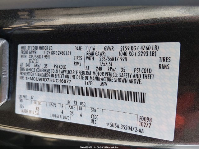 2017 Ford Escape Se მანქანა იყიდება აუქციონზე, vin: 1FMCU9GD7HUC16877, აუქციონის ნომერი: 45997811