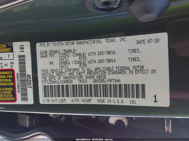 45997814 :رقم المزاد ، 5TFCZ5AN1LX240020 vin ، 2020 Toyota Tacoma Trd Pro مزاد بيع