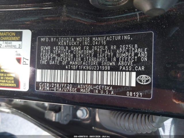 2016 Toyota Camry Se მანქანა იყიდება აუქციონზე, vin: 4T1BF1FK9GU231998, აუქციონის ნომერი: 45997818
