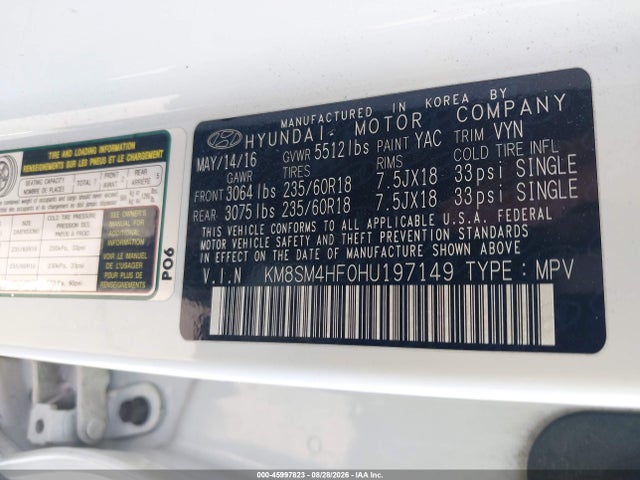 Aukcja sprzedaży 2017 Hyundai Santa Fe Se, vin: KM8SM4HF0HU197149, numer aukcji: 45997823
