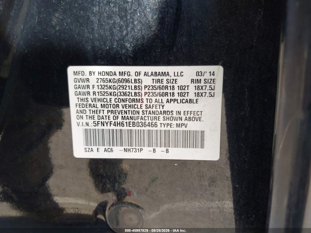 45997829 :رقم المزاد ، 5FNYF4H61EB036466 vin ، 2014 Honda Pilot Ex-l مزاد بيع