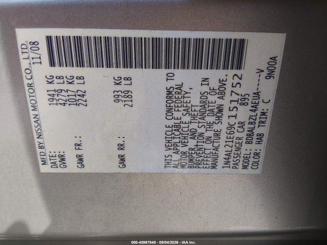2009 Nissan Altima 2.5 S მანქანა იყიდება აუქციონზე, vin: 1N4AL21E69C151752, აუქციონის ნომერი: 45997840