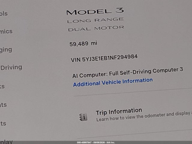 45997847 :رقم المزاد ، 5YJ3E1EB1NF294984 vin ، 2022 Tesla Model 3 Long Range Dual Motor All-wheel Drive مزاد بيع
