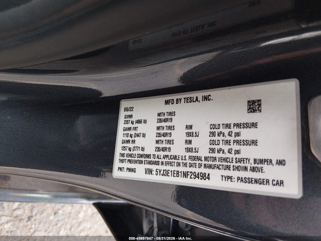 45997847 :رقم المزاد ، 5YJ3E1EB1NF294984 vin ، 2022 Tesla Model 3 Long Range Dual Motor All-wheel Drive مزاد بيع