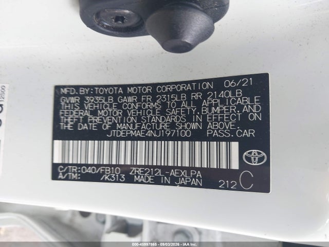 45997865 :رقم المزاد ، JTDEPMAE4NJ197100 vin ، 2022 Toyota Corolla Le مزاد بيع