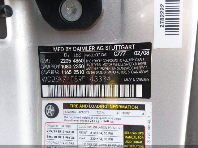 Aukcja sprzedaży 2009 Mercedes-benz Sl 550, vin: WDBSK71F89F143334, numer aukcji: 45997870