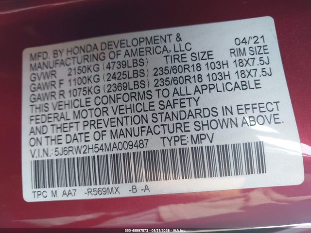 Продаж на аукціоні авто 2021 Honda Cr-v Awd Ex, vin: 5J6RW2H54MA009487, номер лоту: 45997873