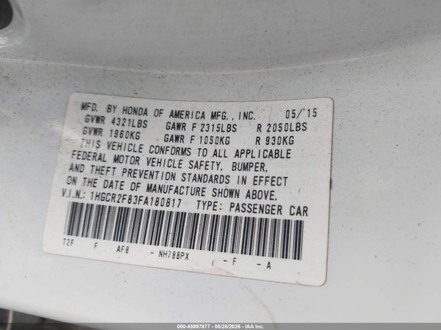 Продаж на аукціоні авто 2015 Honda Accord Ex-l, vin: 1HGCR2F83FA180817, номер лоту: 45997877
