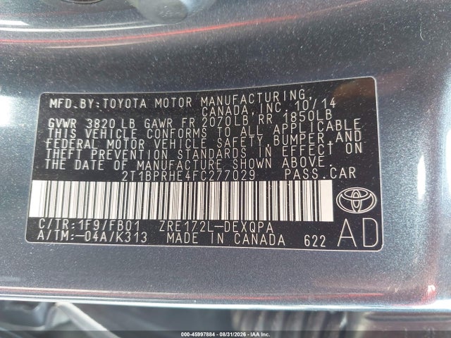 Aukcja sprzedaży 2015 Toyota Corolla Le Eco, vin: 2T1BPRHE4FC277029, numer aukcji: 45997884