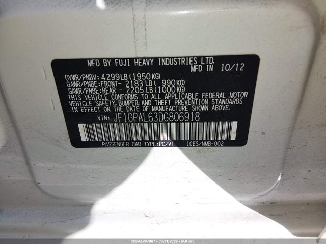 Продаж на аукціоні авто 2013 Subaru Impreza 2.0i Sport Premium, vin: JF1GPAL63DG806918, номер лоту: 45997887