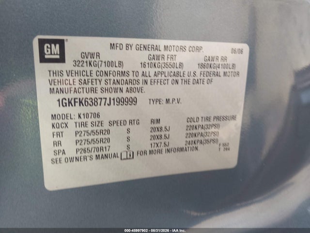 45997902 :رقم المزاد ، 1GKFK63877J199999 vin ، 2007 Gmc Yukon Denali مزاد بيع