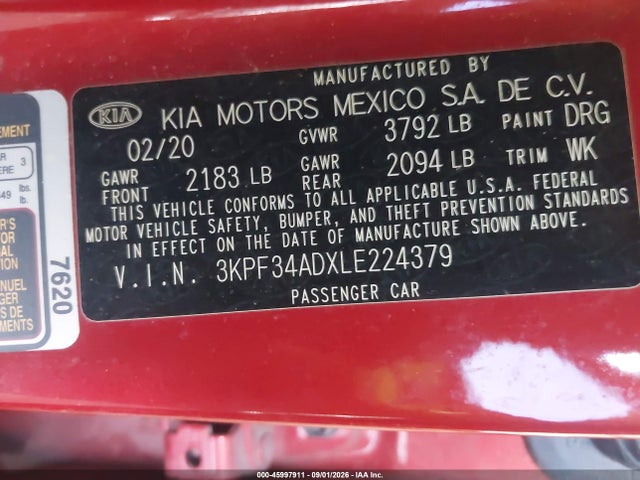 2020 Kia Forte Gt-line მანქანა იყიდება აუქციონზე, vin: 3KPF34ADXLE224379, აუქციონის ნომერი: 45997911