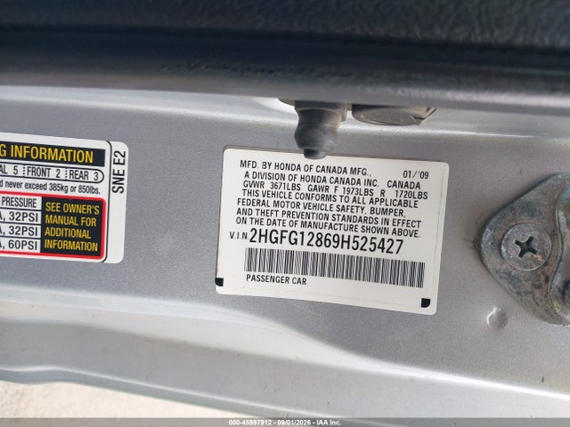Aukcja sprzedaży 2009 Honda Civic Ex, vin: 2HGFG12869H525427, numer aukcji: 45997912
