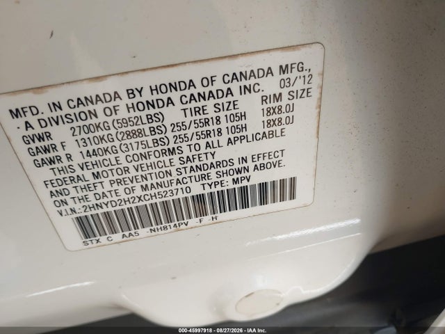 Aukcja sprzedaży 2012 Acura Mdx, vin: 2HNYD2H2XCH523710, numer aukcji: 45997918